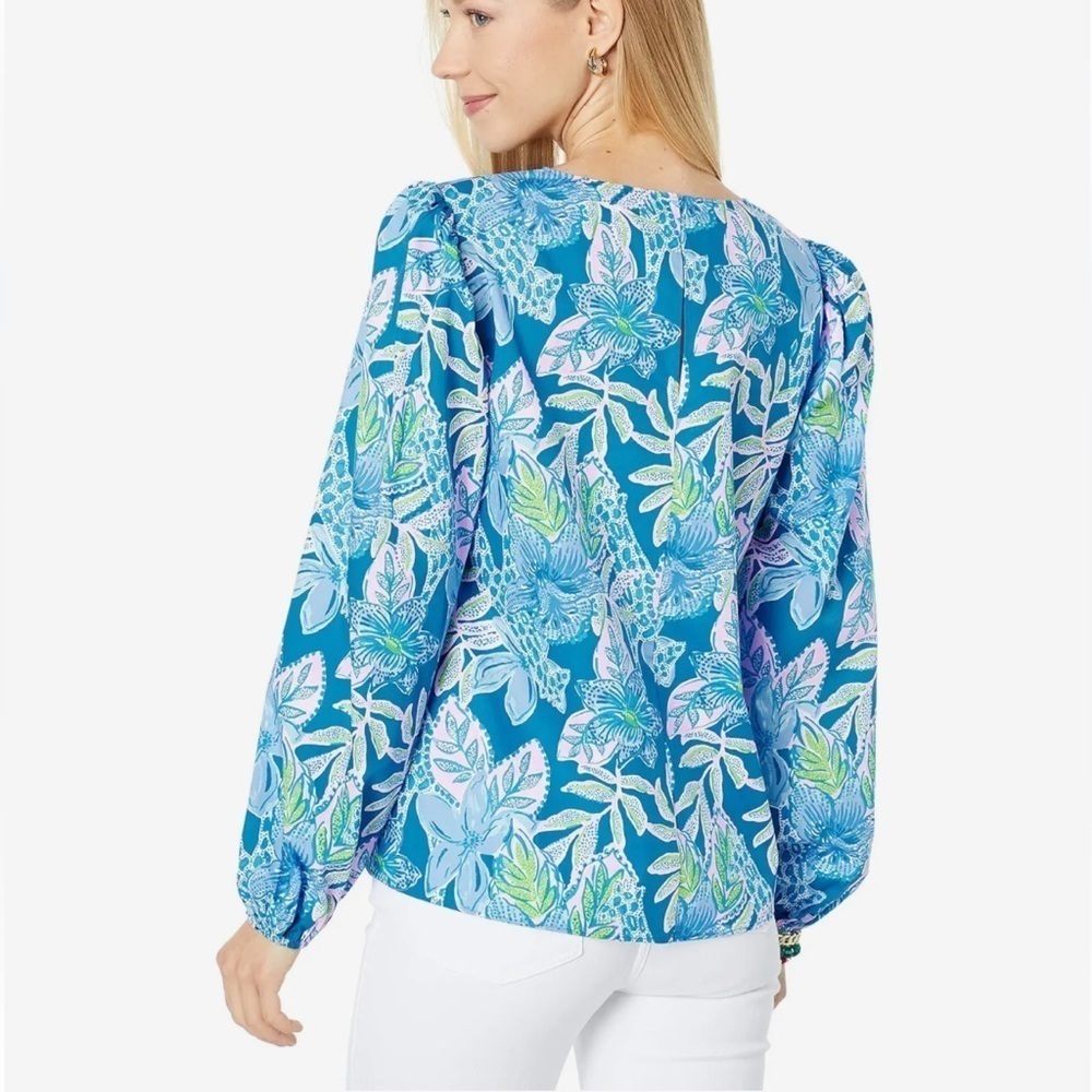 Lilly Pulitzer Blue Bell Sleeve Blouse XL Multicolor Ruffle Cotton Top Summer - Picture 3 of 11